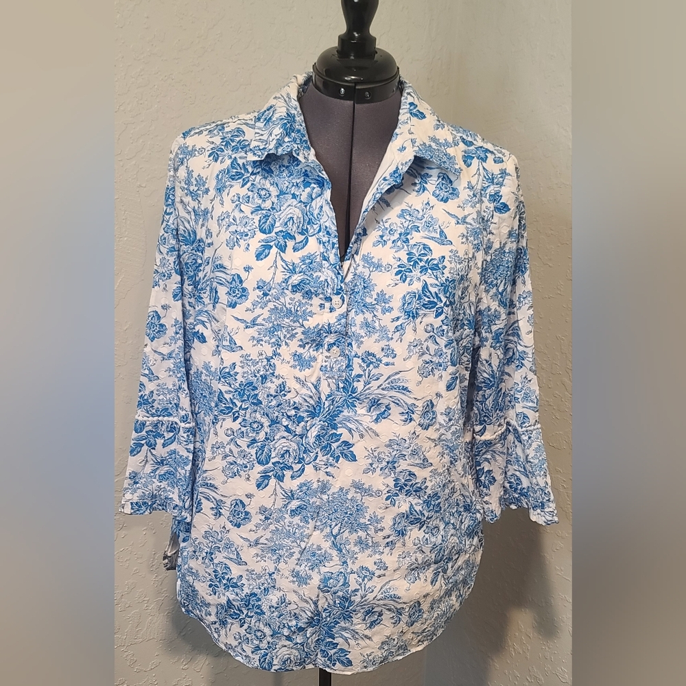 Isaac Mizrahi Live! Embroidered Floral 1/4 button top women's plus size 16